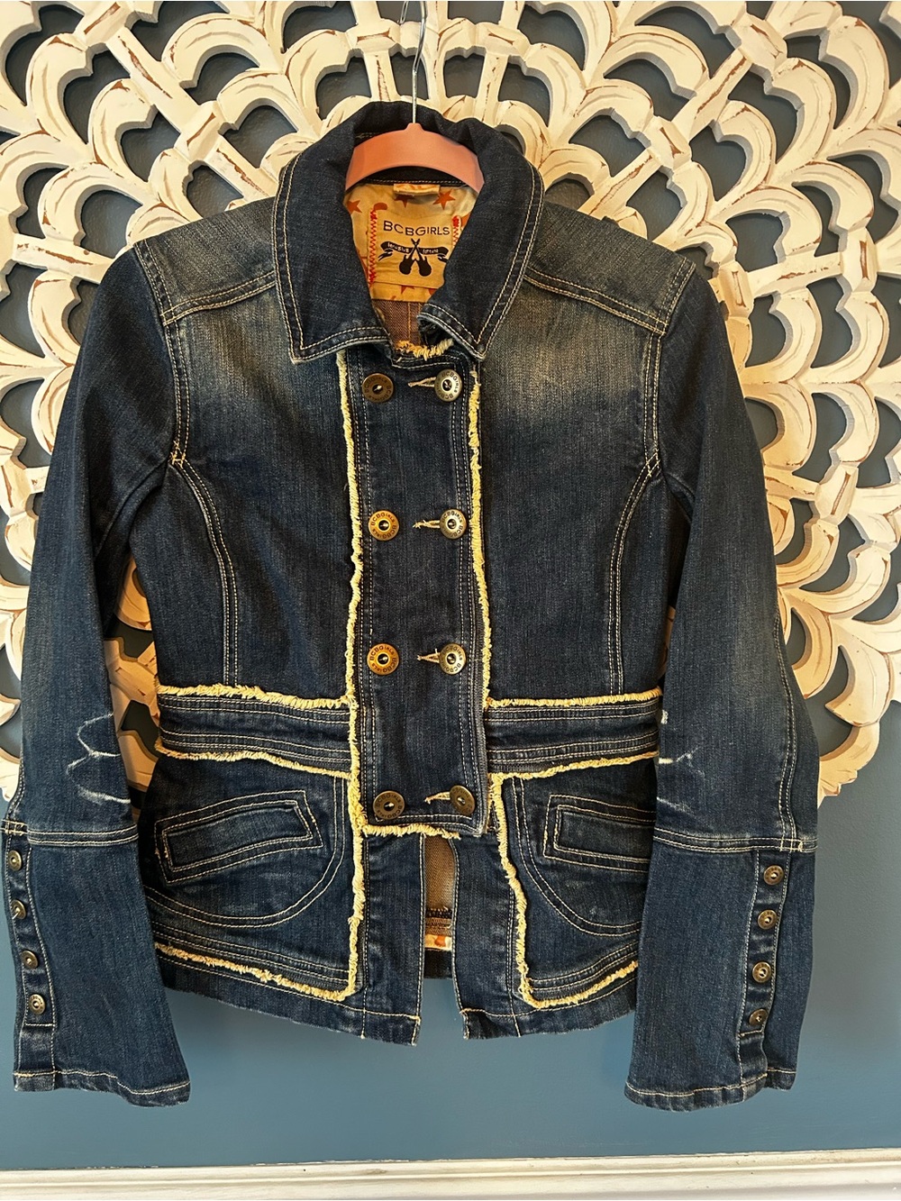Y2K Vintage BCBGirls  dark wash denim jacket  a double-breasted button front